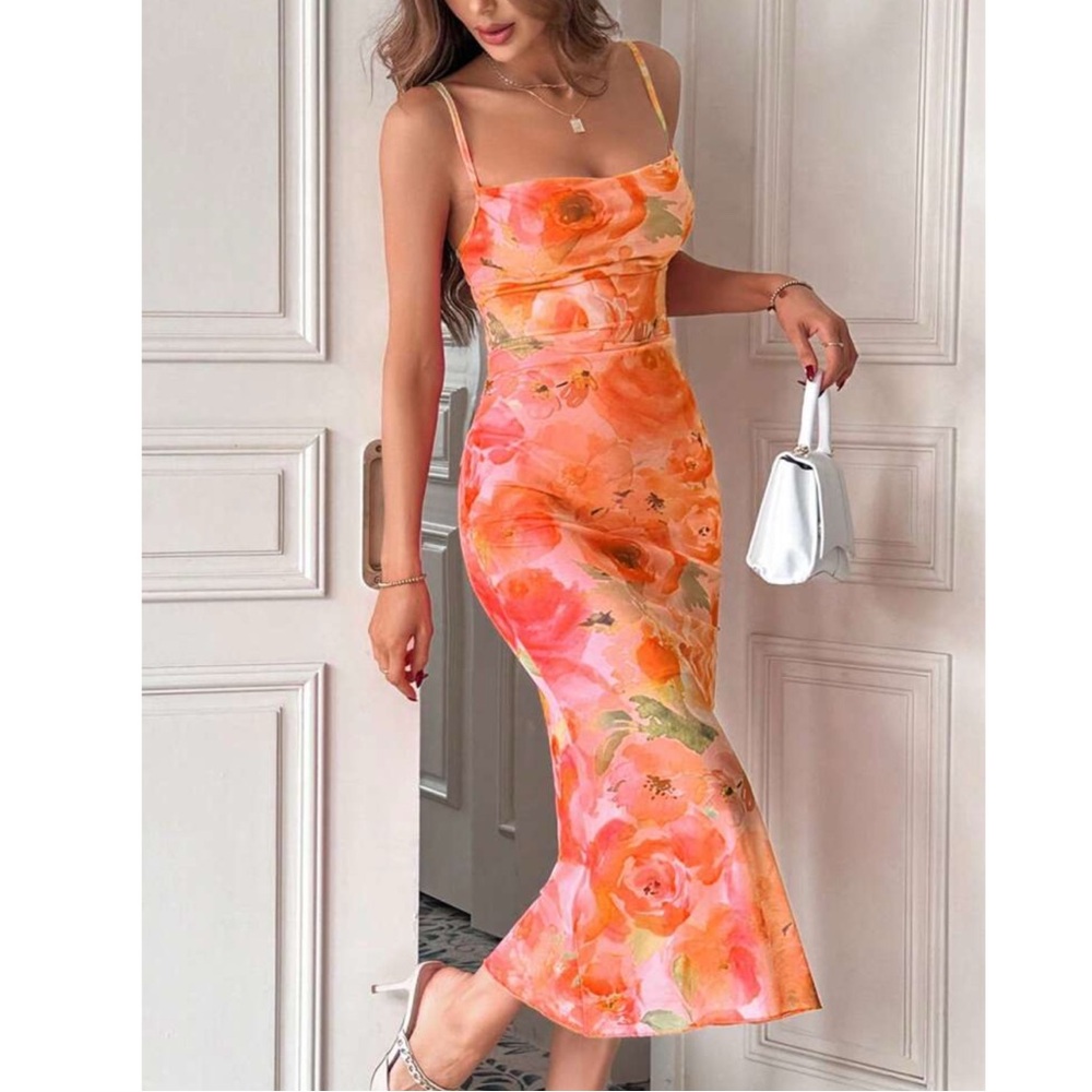 Orange Floral Rose Mesh Maxi Dress